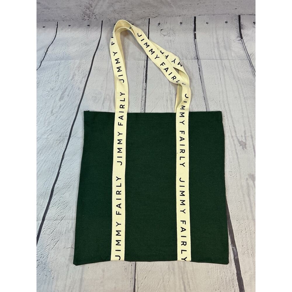 Jimmy Fairly Tote Bag Green Canvas White Logo Straps Reusable Tote 17" x 17"
